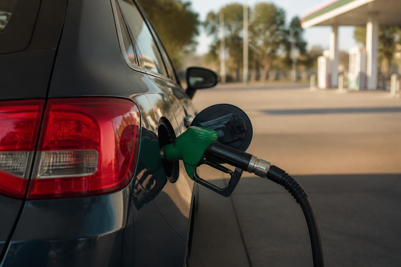 Green petrol nozzle fueling a dark car beside a blurred service station forecourt.