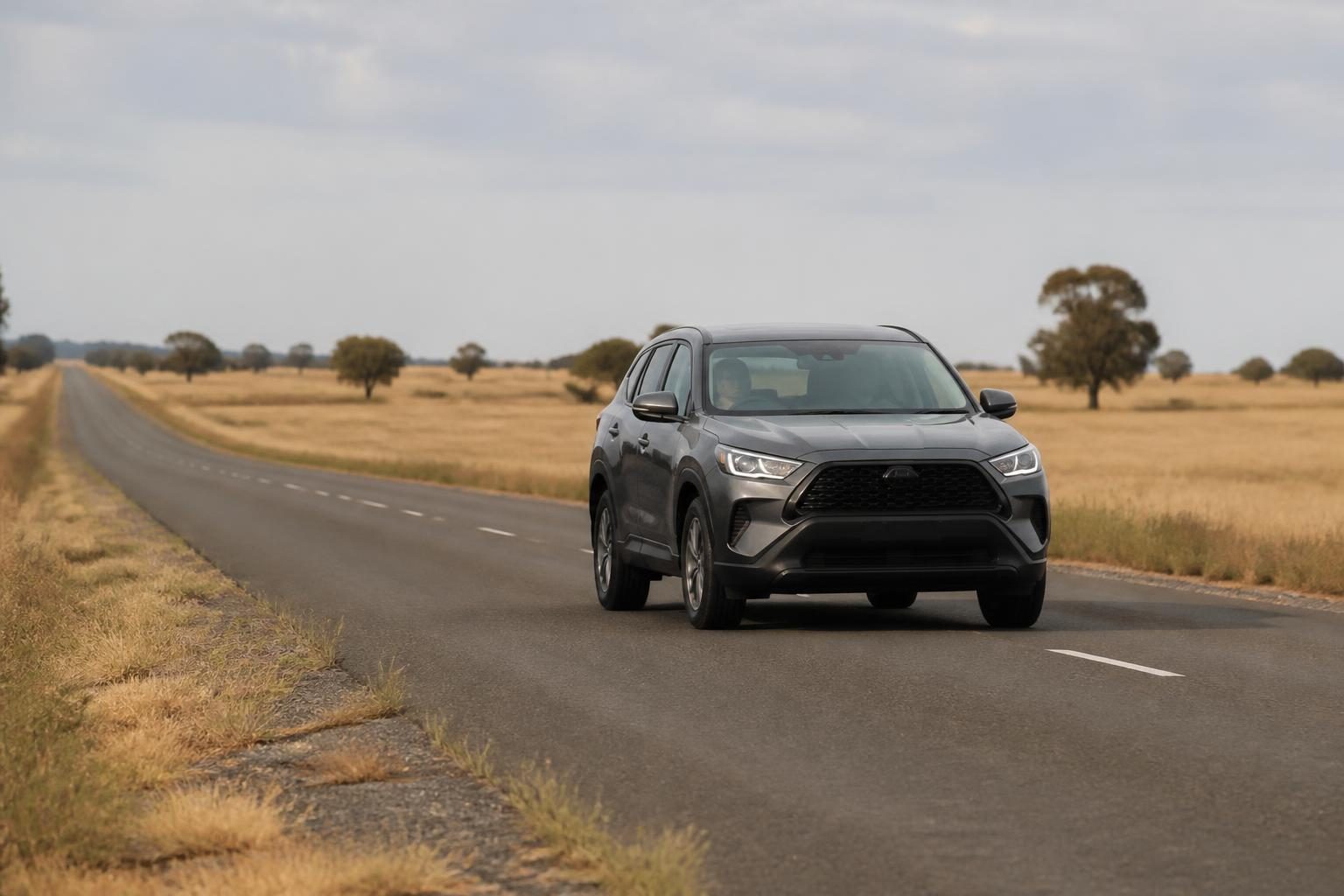 Gray SUV driving on a straight paved road through dry grassland with scattered trees.