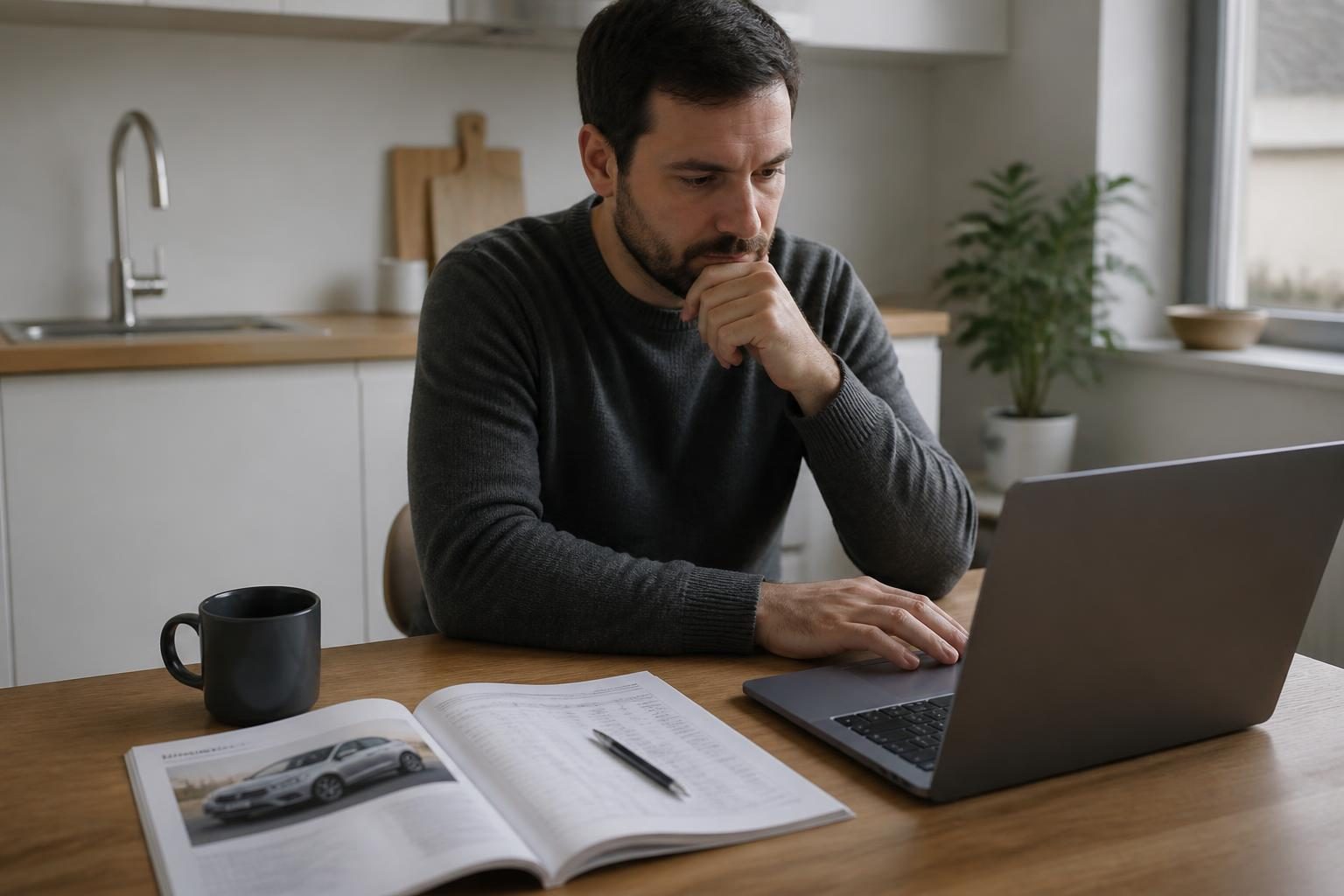 Man at a kitchen table uses a laptop beside an open car brochure and pen.