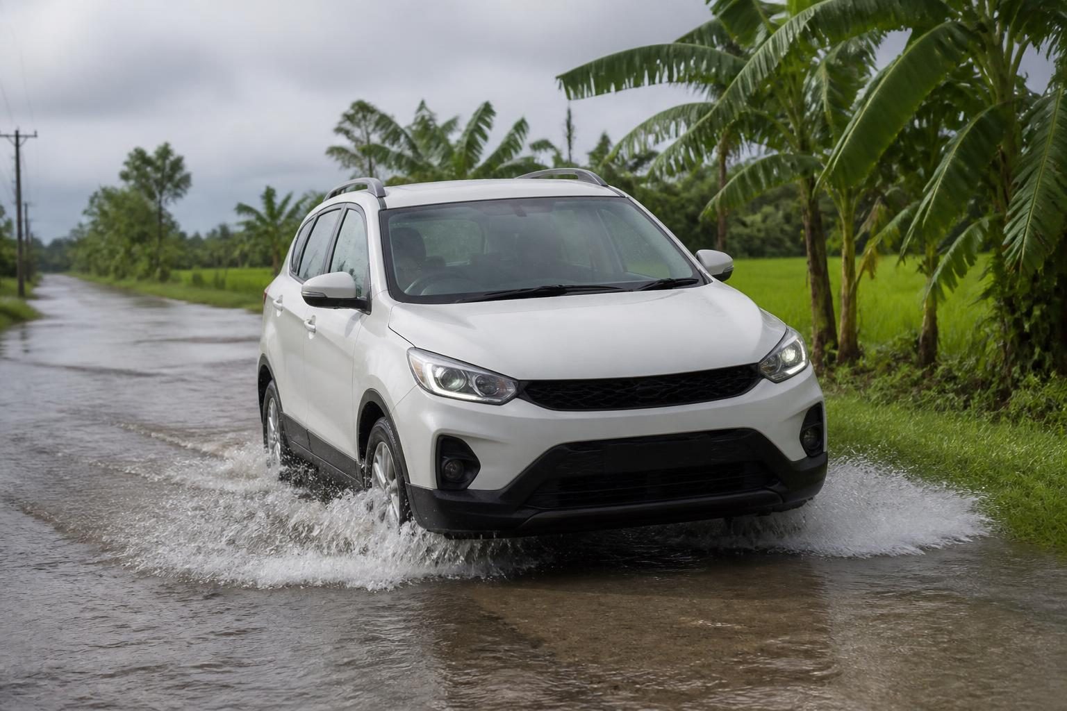 White compact SUV splashing through shallow water on a rural road beside banana trees and green fields.