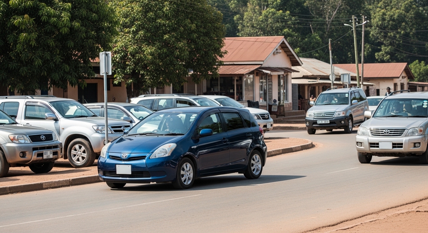 Dark blue five-door hatchback turning on a town street with parked SUVs and other traffic