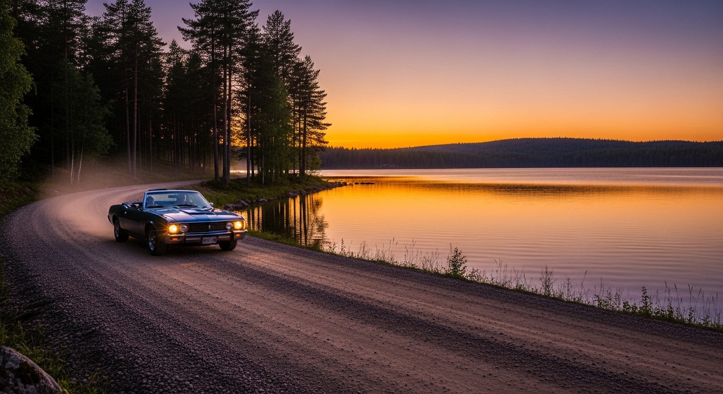 A dark convertible drives on a gravel lakeside road at sunset with pine trees in the background.