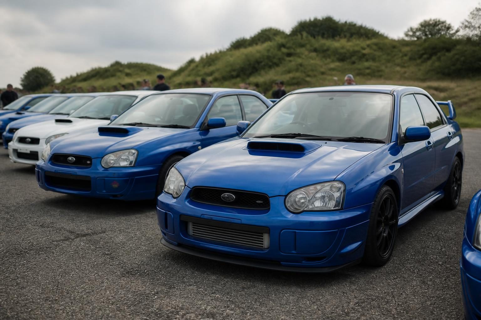Row of blue and white Subaru WRX STI sedans parked at an outdoor car meet