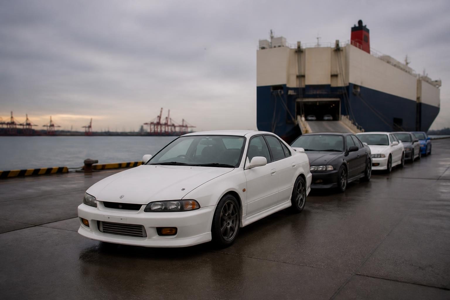 White and dark sedans lined up on a wet dock before a car carrier's open stern ramp.