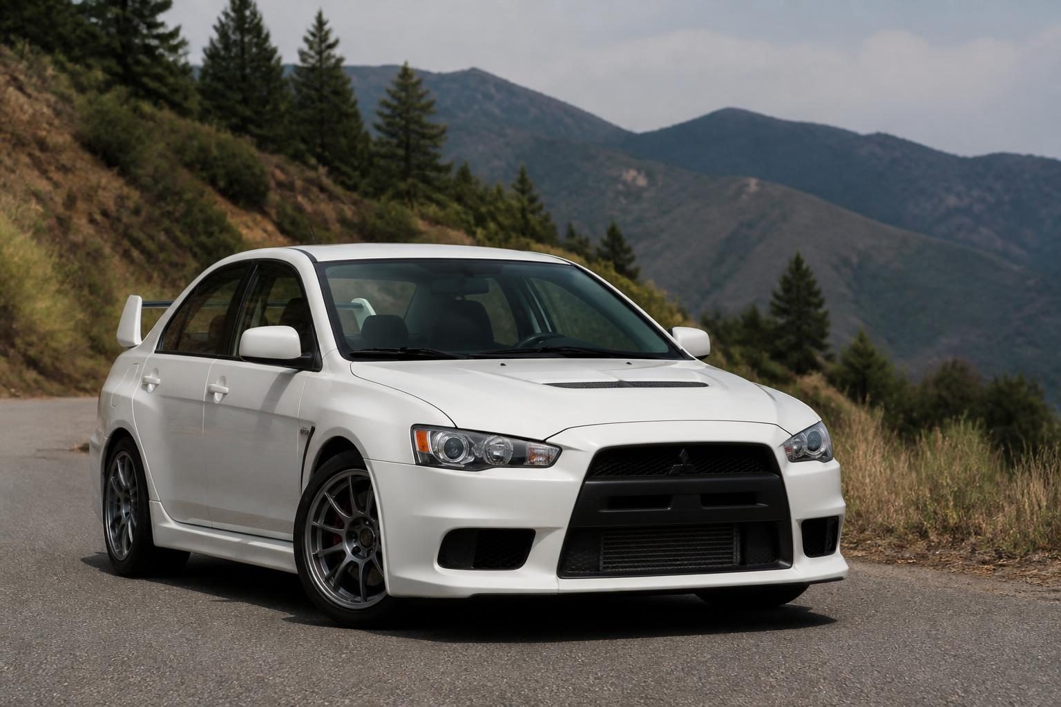 White Mitsubishi Lancer Evolution parked on a paved mountain road with pine trees and mountains behind.
