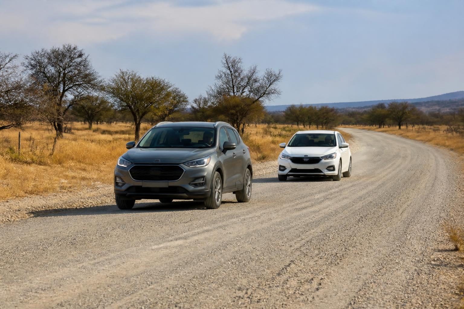 Gray compact crossover leads a white sedan on a wide gravel road through dry grassland with scattered trees.