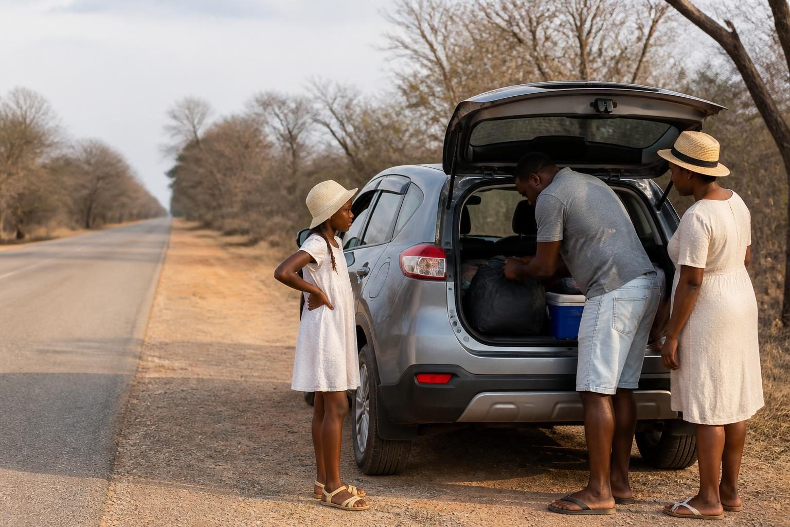 Family loading bags and a blue cooler into an SUV on a dry roadside with sparse trees