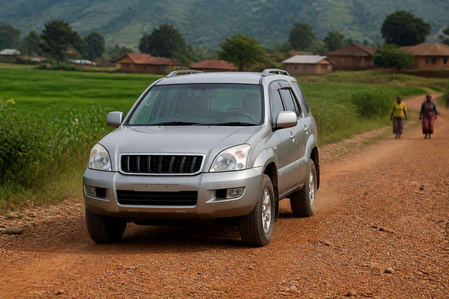 Silver SUV on a red gravel road beside green fields with village houses and hills behind