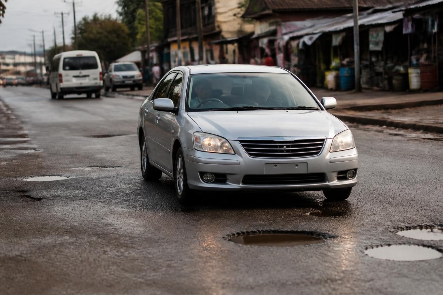 Silver sedan driving past potholes on a wet urban road with shops and vans in the background