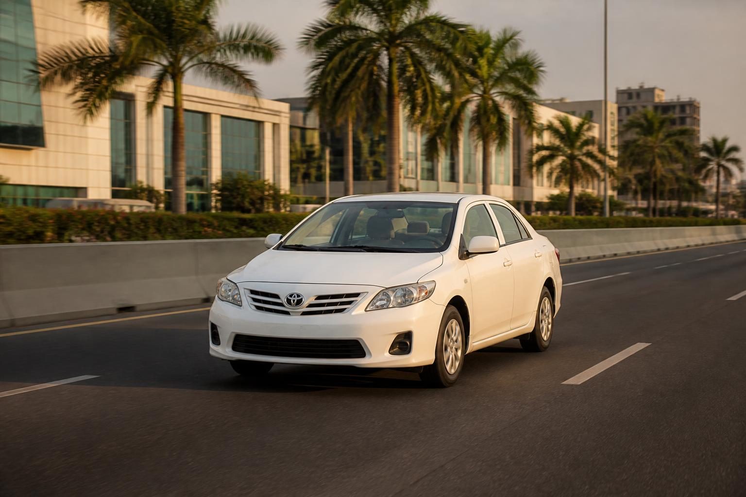 White Toyota Corolla sedan driving on a palm-lined multi-lane road beside modern buildings.