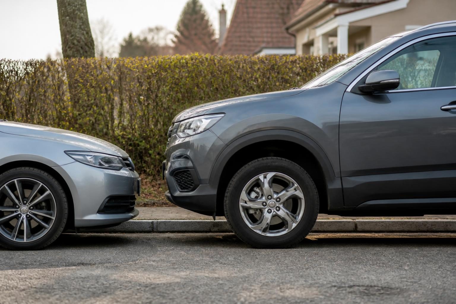 Gray compact SUV parked nose-to-nose beside a silver sedan at a roadside kerb.