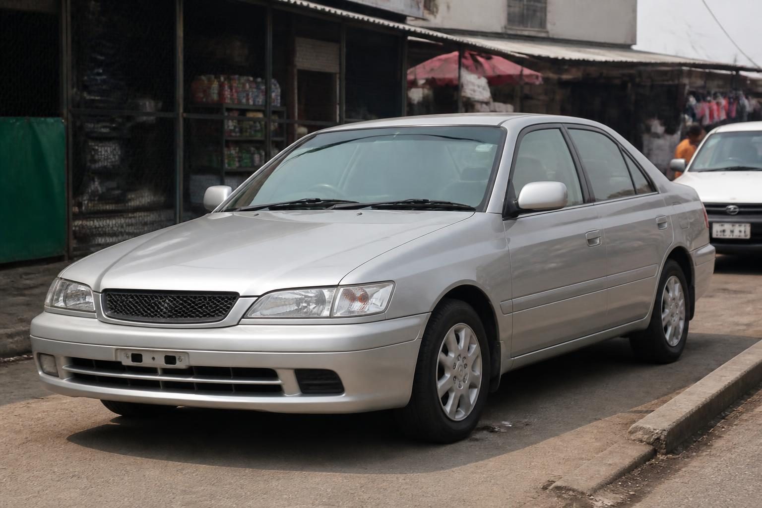 Silver four-door sedan parked along a curb on a city street with small storefronts behind it.