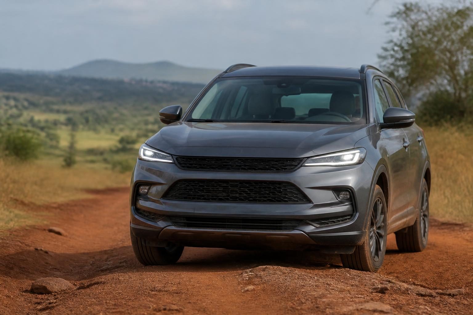 Gray compact SUV on a red dirt road with grassy countryside and hills in the background