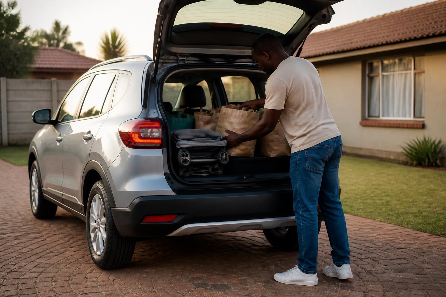 Man loading grocery bags and a folded stroller into the open trunk of a silver SUV outside a house