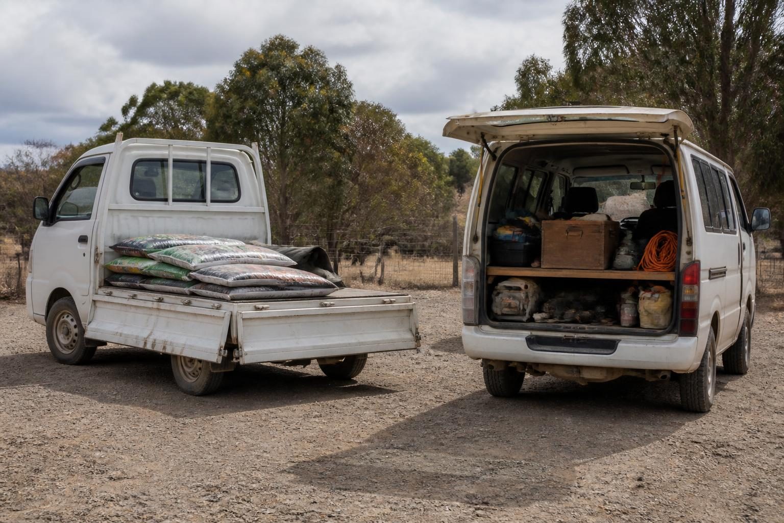 White kei flatbed with stacked bags beside an open white work van on a gravel farm yard.
