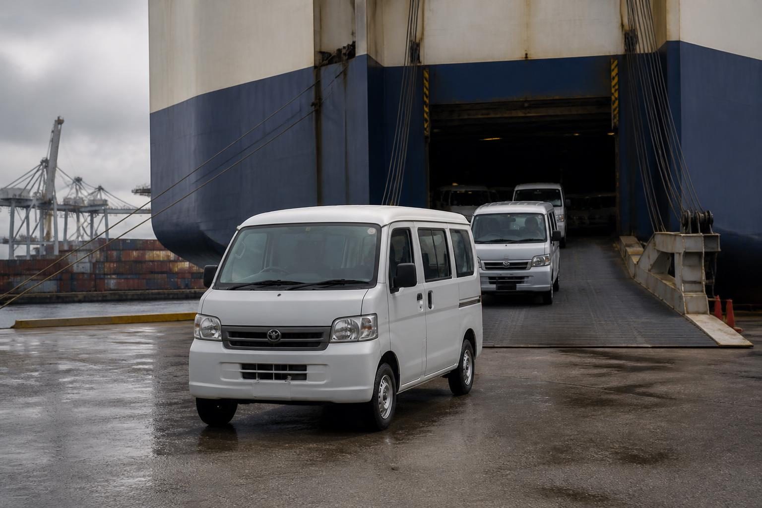 White compact vans drive down a cargo ship ramp onto a rain-wet port apron.