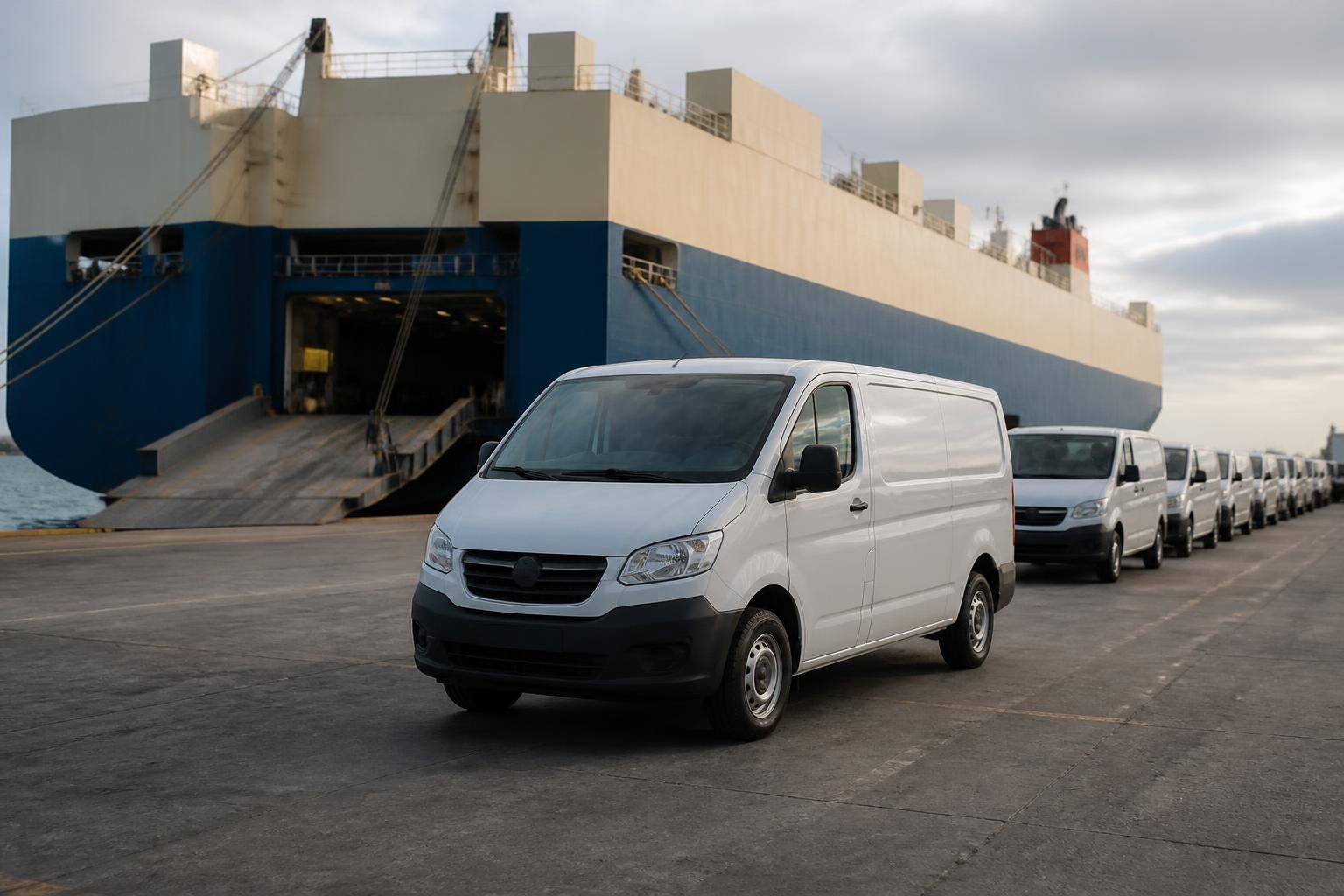 White cargo vans lined up on a wharf beside a docked roll-on roll-off car carrier ship.