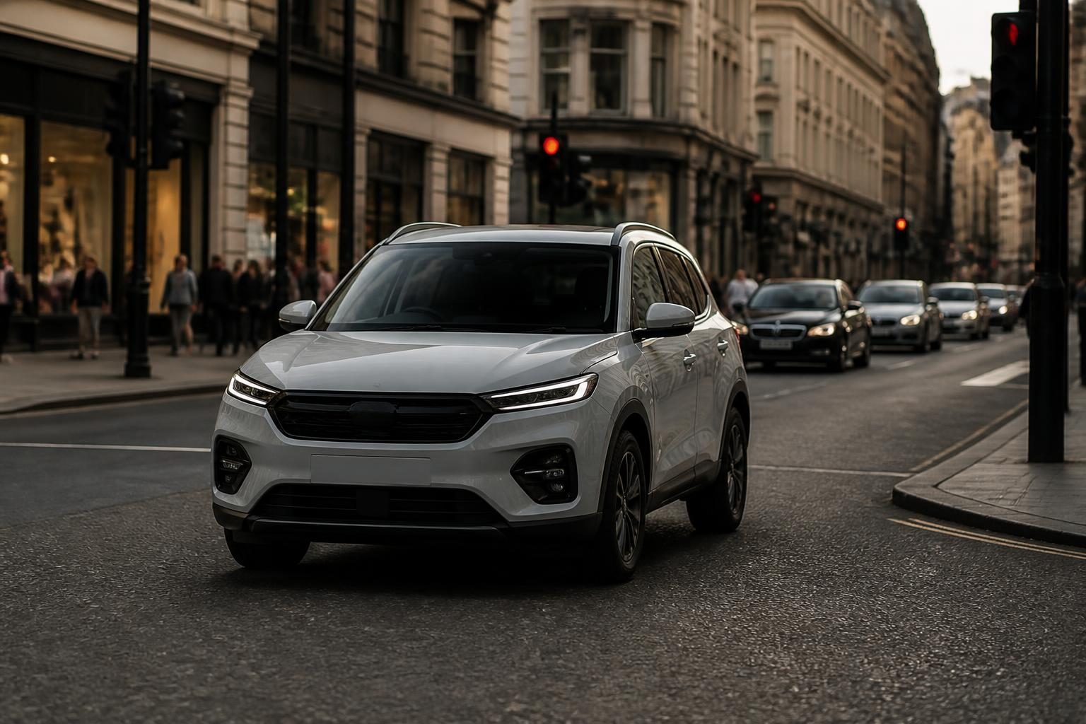 Silver compact SUV stopped on a city street beneath red traffic lights, with cars behind.