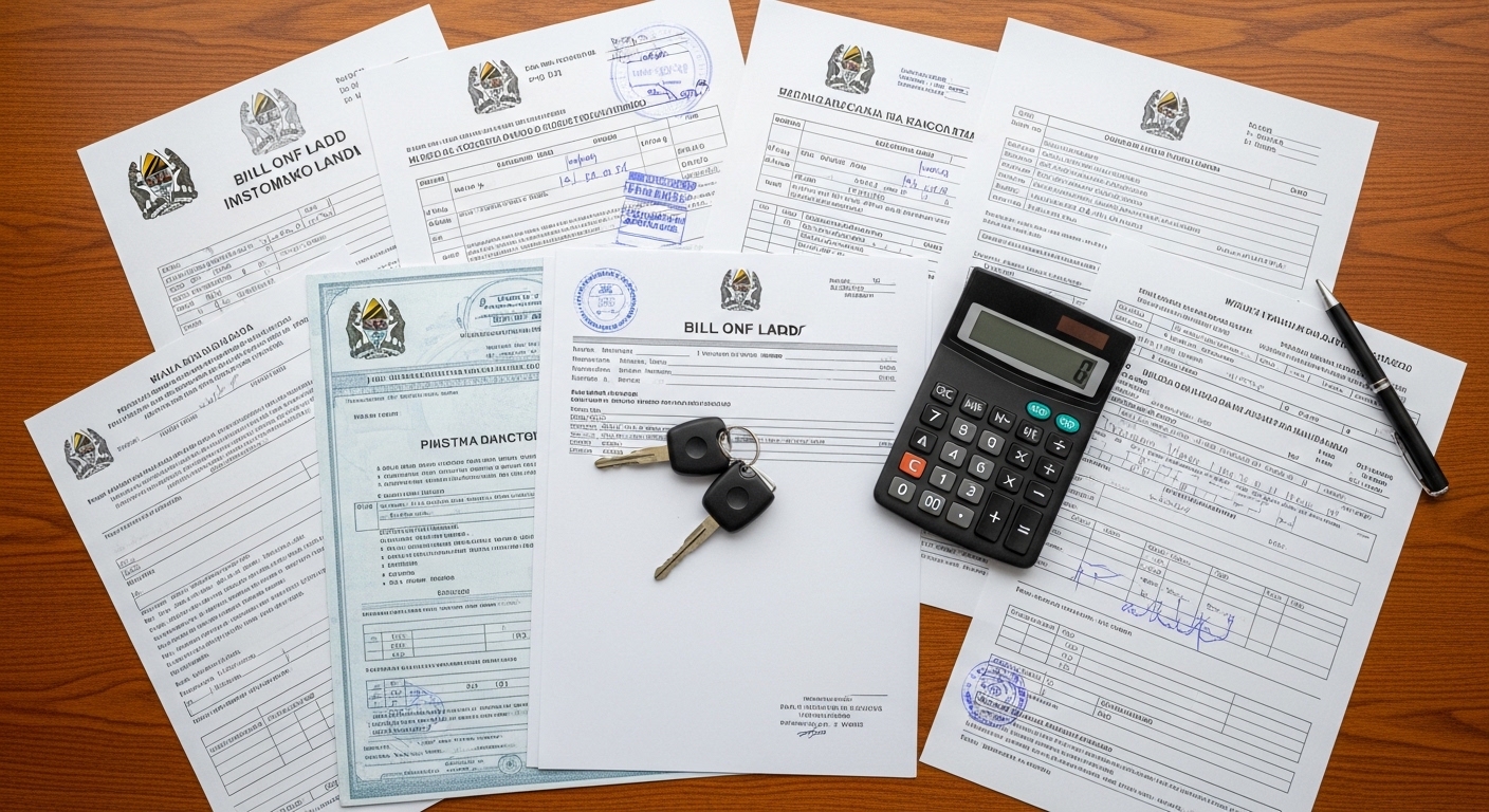 Car import-style documents with calculator, vehicle keys, and pen spread on a wooden desk