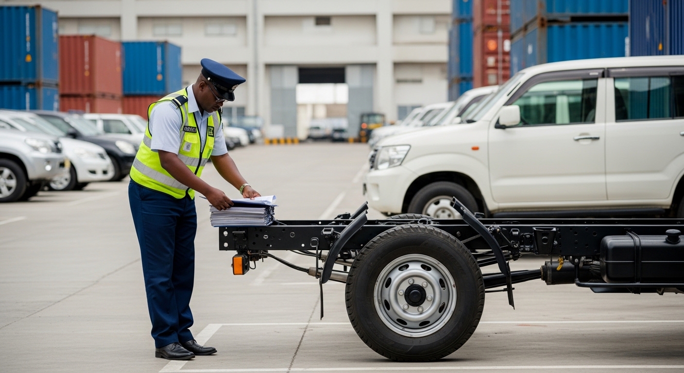Uniformed officer checks paperwork beside a bare vehicle chassis in a container yard
