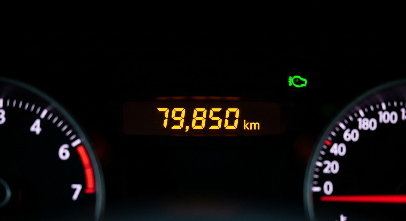Close-up of a car dashboard display showing 79,850 km between blurred gauge dials at night