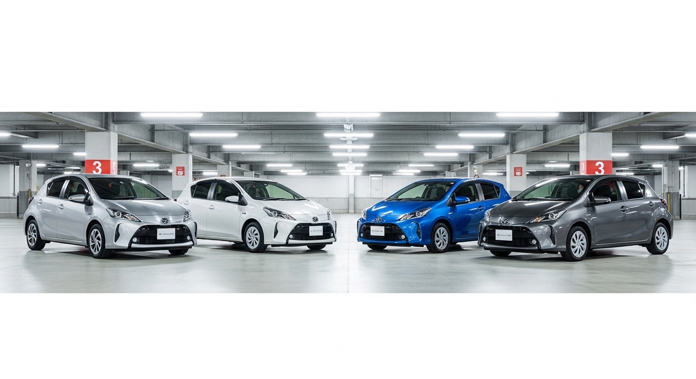 Four compact hatchbacks in silver, white, blue and grey parked in a bright indoor car park.