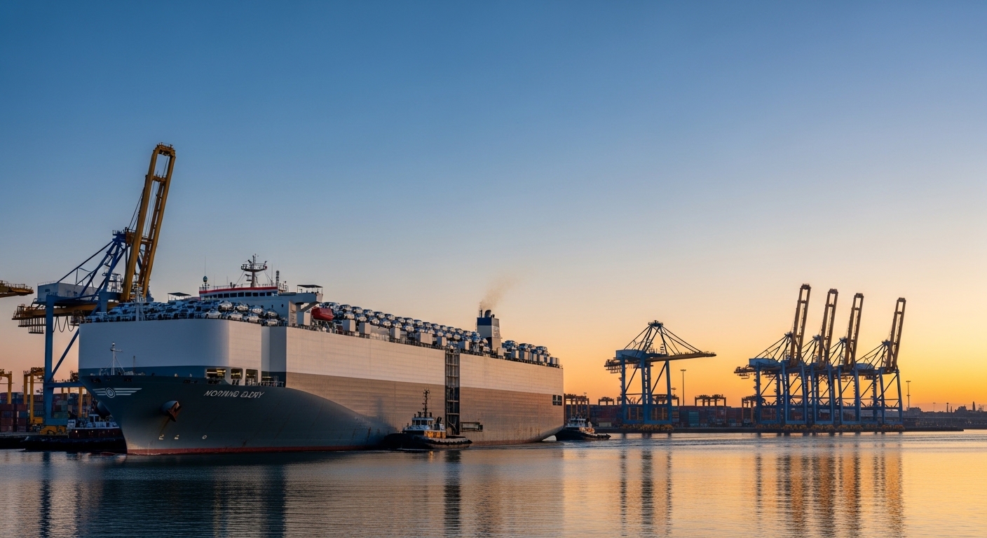 Large car carrier ship with vehicles on deck beside container cranes at sunrise over calm water