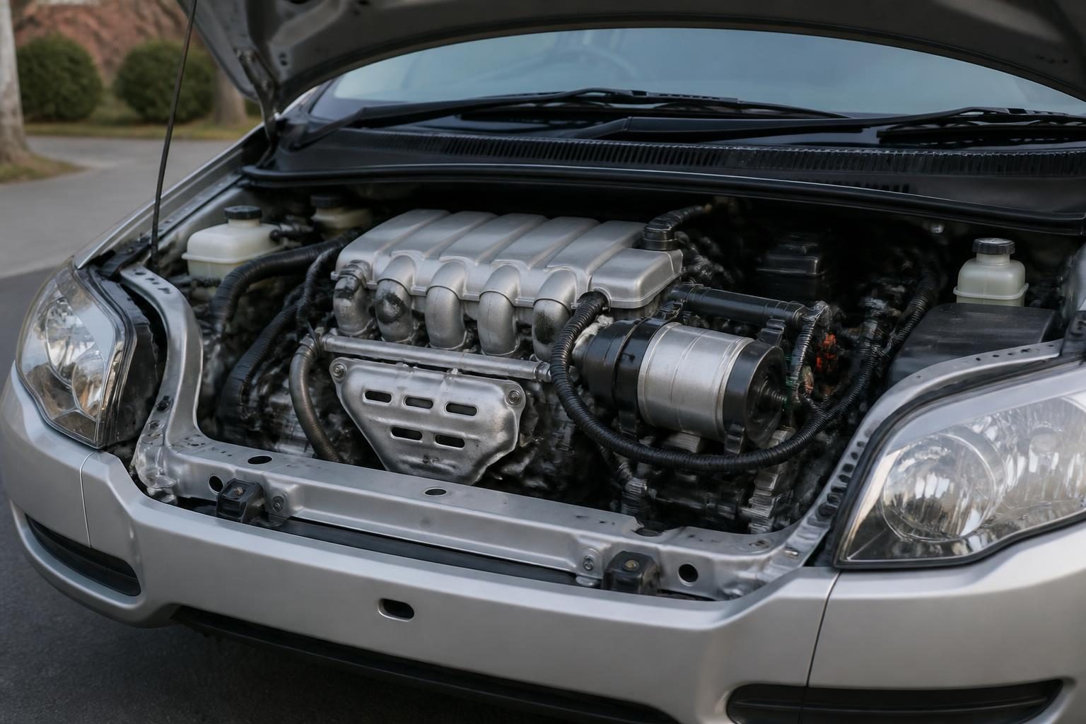 Open silver car engine bay with a transverse four-cylinder engine and side-mounted cylindrical motor.