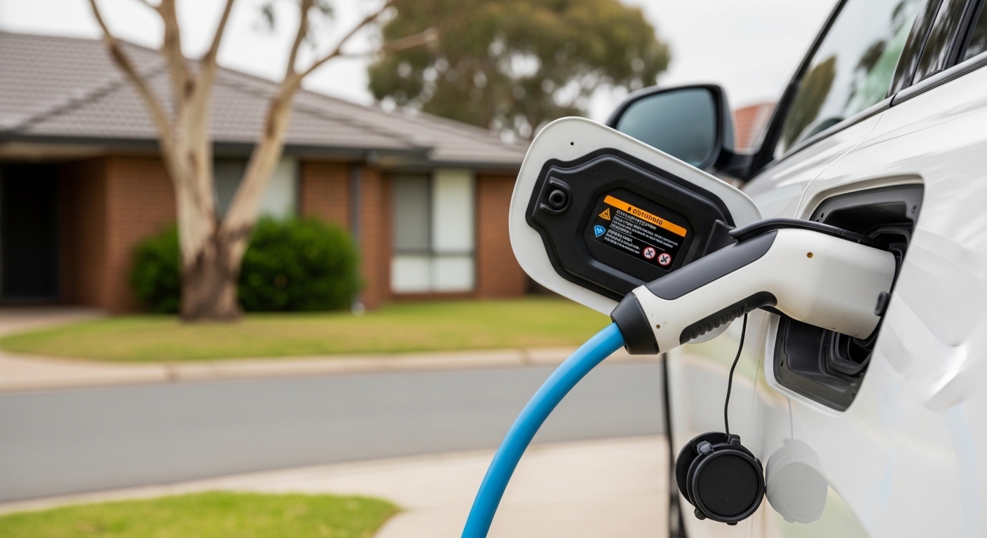 Close-up of a white car charging cable plugged into a vehicle outside a suburban brick home.