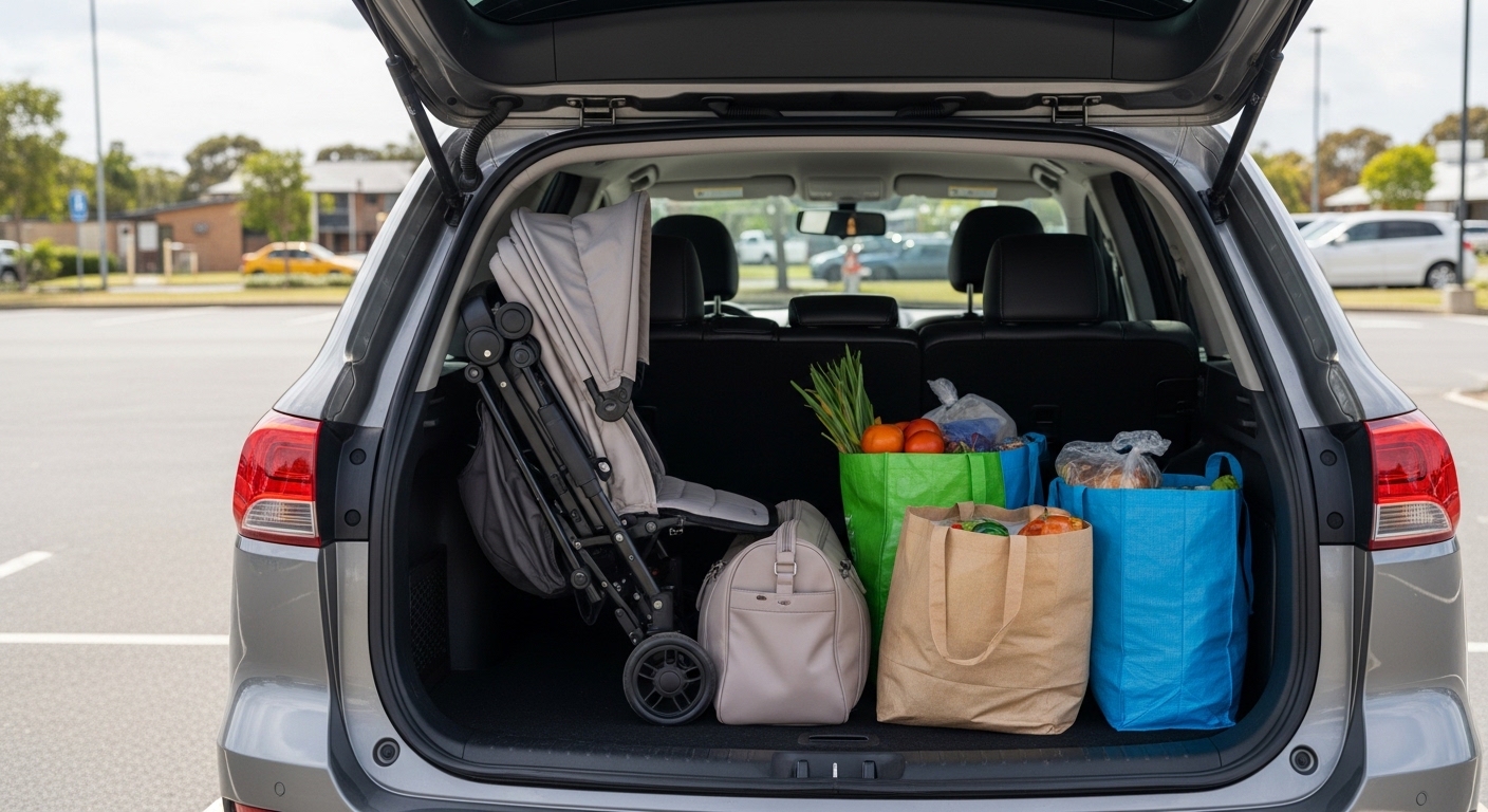Open SUV boot with folded pram, backpack and grocery bags in a carpark