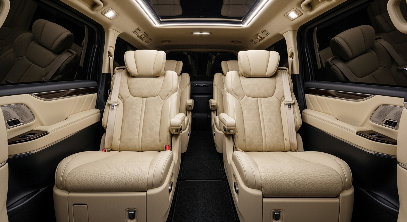 Wide view of cream leather captain's chairs in a luxury van with center aisle and roof lighting