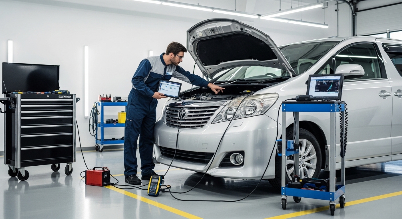 Technician inspecting a silver Toyota MPV with diagnostic tools in a bright auto workshop