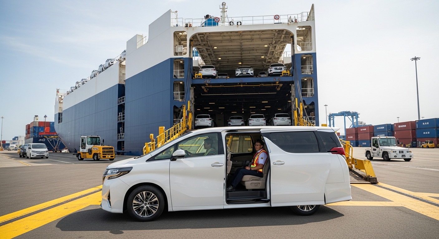 White minivan at a port in front of a large car carrier ship with vehicles visible on its loading deck