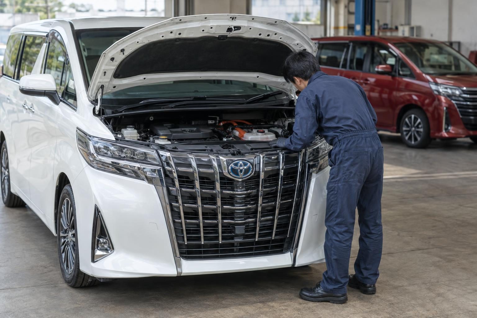 Mechanic inspecting the open engine bay of a third-generation Toyota Alphard in a workshop.