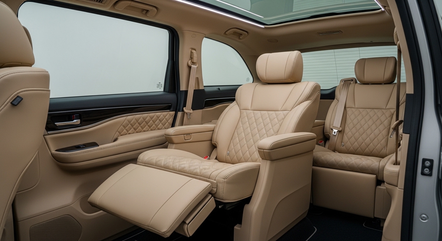 Beige luxury MPV interior with reclined captain's seat, footrest extended, and panoramic sunroof