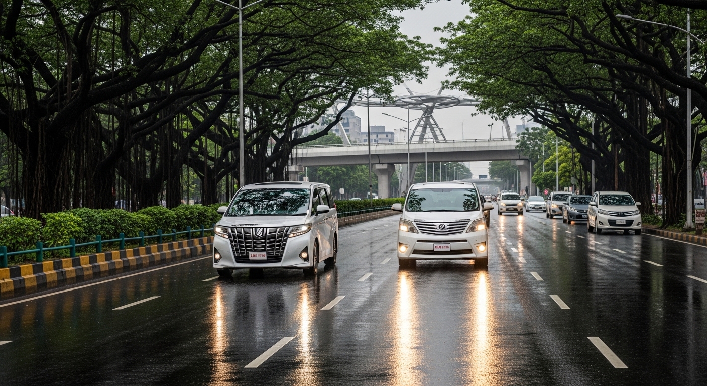 White minivans drive on a rain-slick tree-lined boulevard with a flyover in the background
