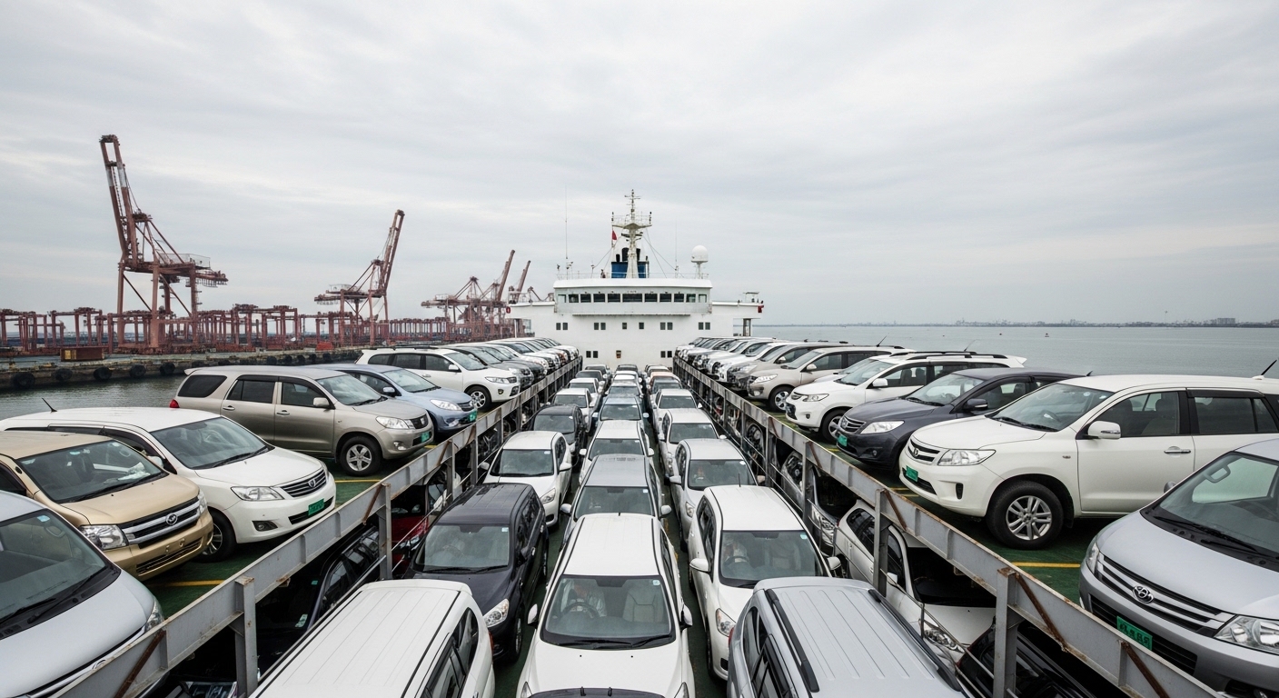 Cars packed on the open deck of a vehicle carrier with port cranes in the distance under cloudy skies