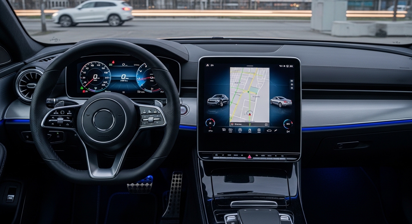 Modern car dashboard with digital instrument cluster and central navigation touchscreen