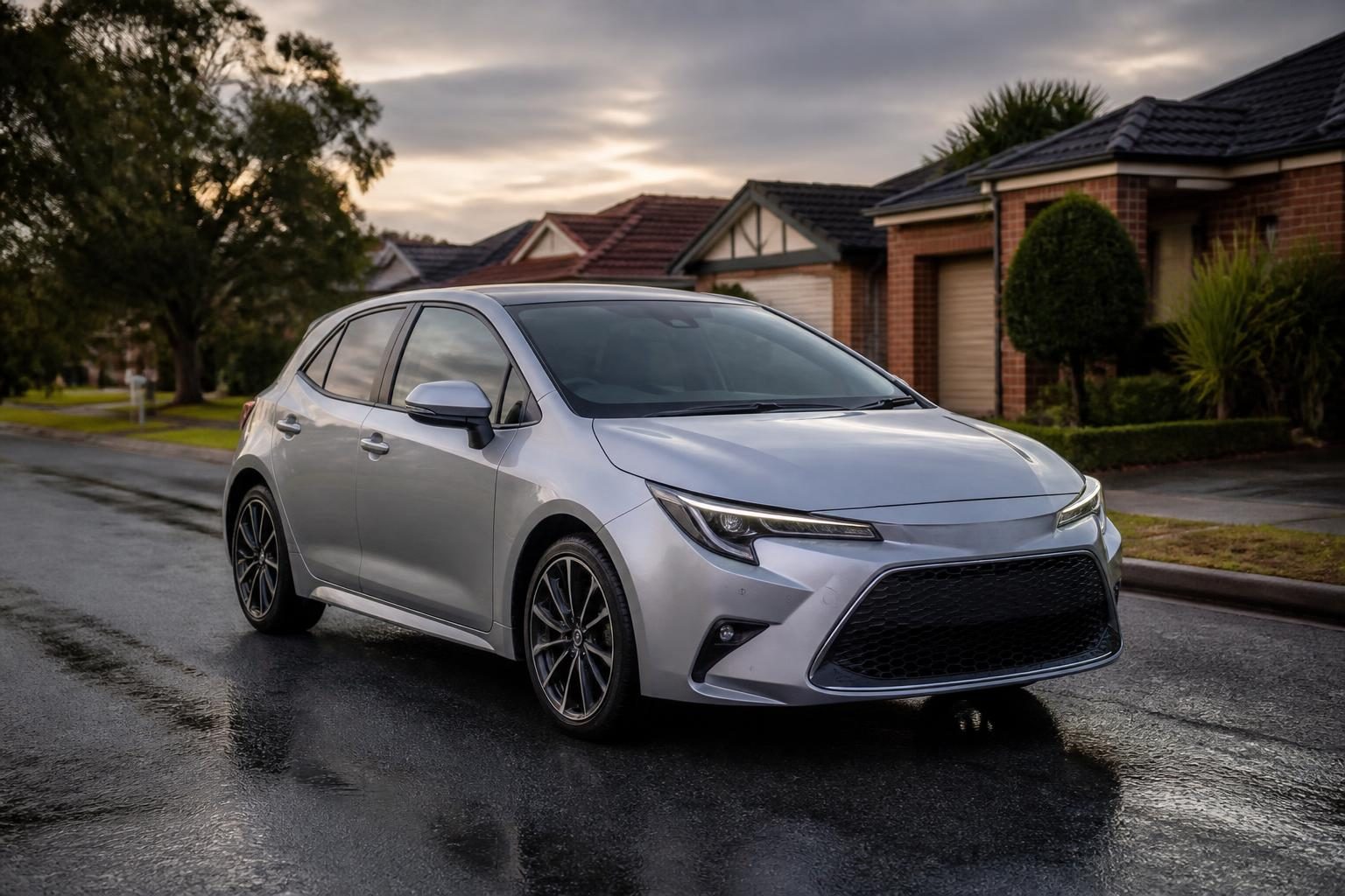 Silver-grey hatchback parked on wet suburban street beside brick houses at dusk.