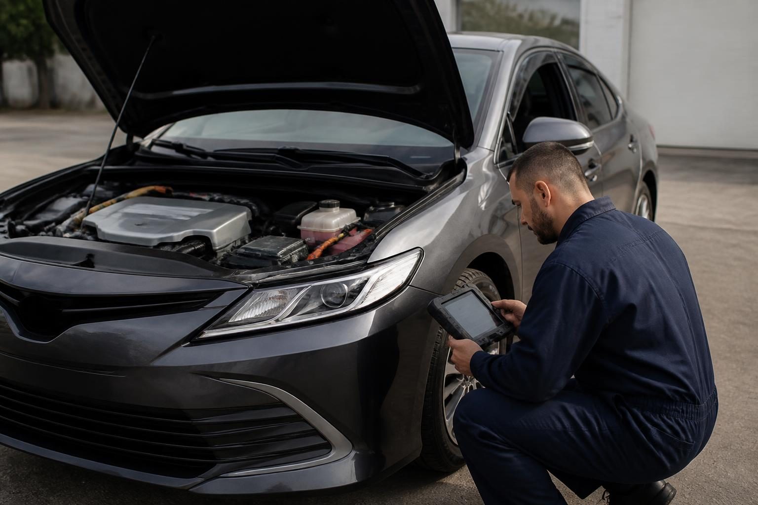 Mechanic crouches beside an open-hood car while using a handheld diagnostic scanner.