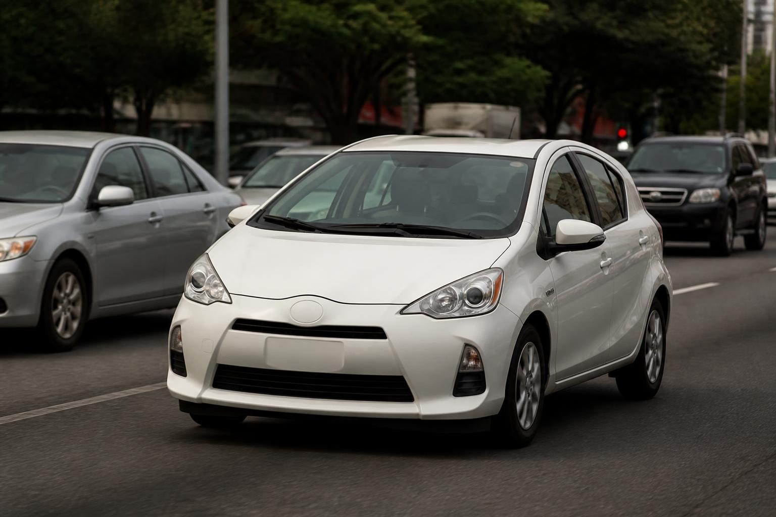 White compact hatchback driving on a paved urban road beside other cars.