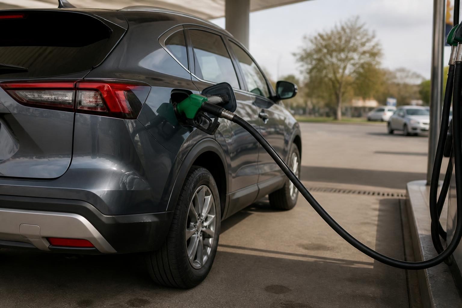Green petrol nozzle refuelling a grey SUV at a service station