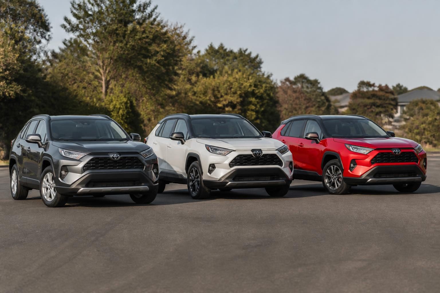 Black, white, and red Toyota compact SUVs parked side by side on asphalt with trees behind.