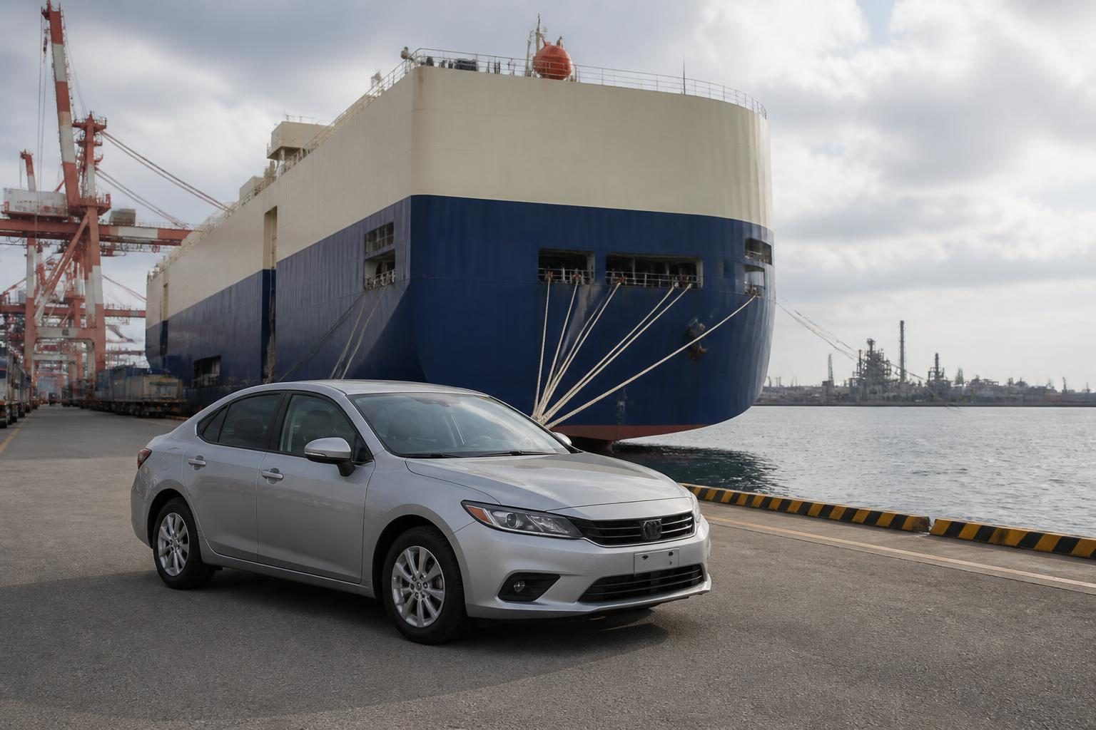 Silver sedan parked beside a blue-and-white vehicle carrier ship docked at an industrial port.