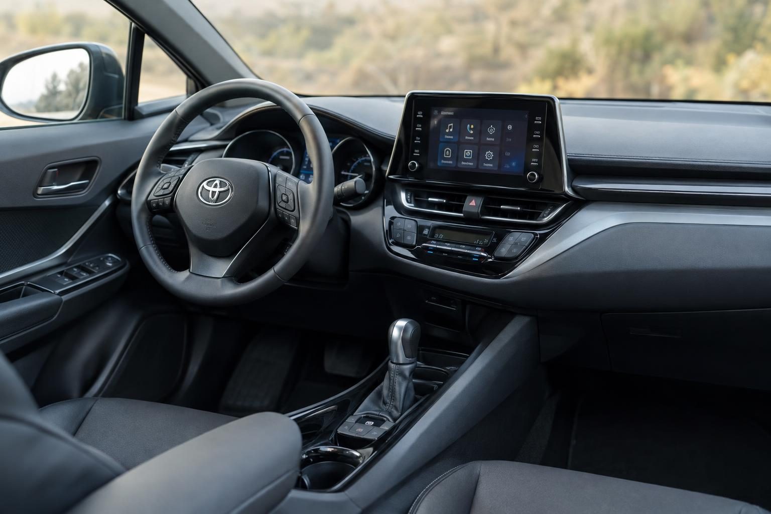 Toyota C-HR front cabin with Toyota steering wheel, touchscreen and driver-oriented centre console.