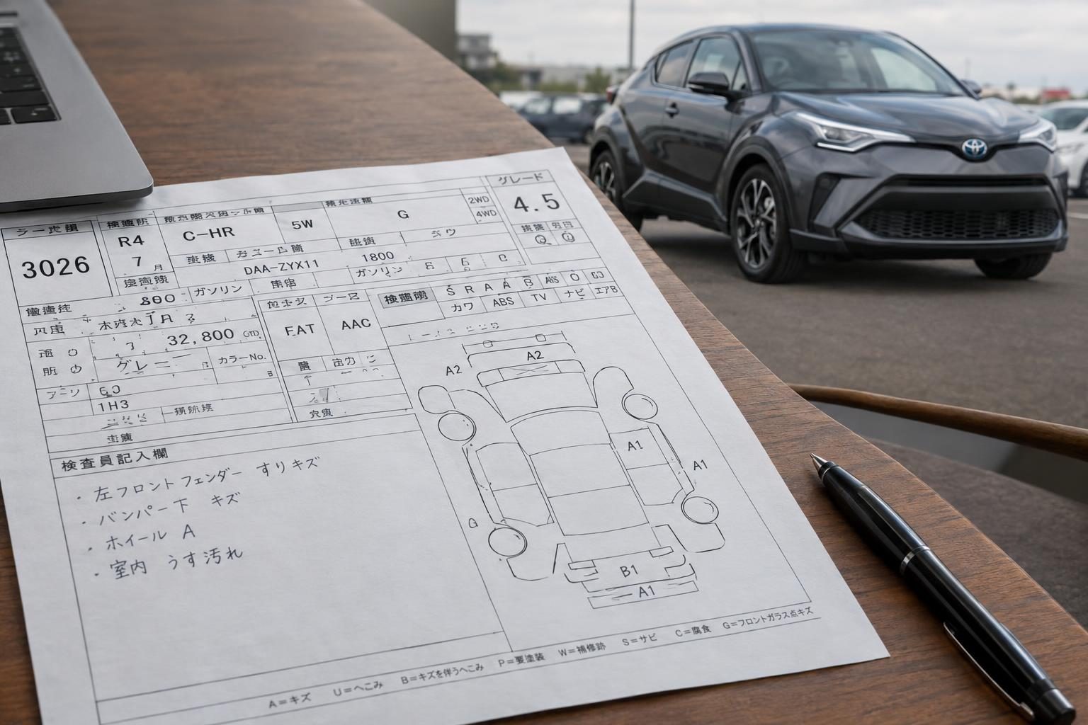 Japanese auction inspection sheet with body-condition diagram on a desk beside a Toyota C-HR.