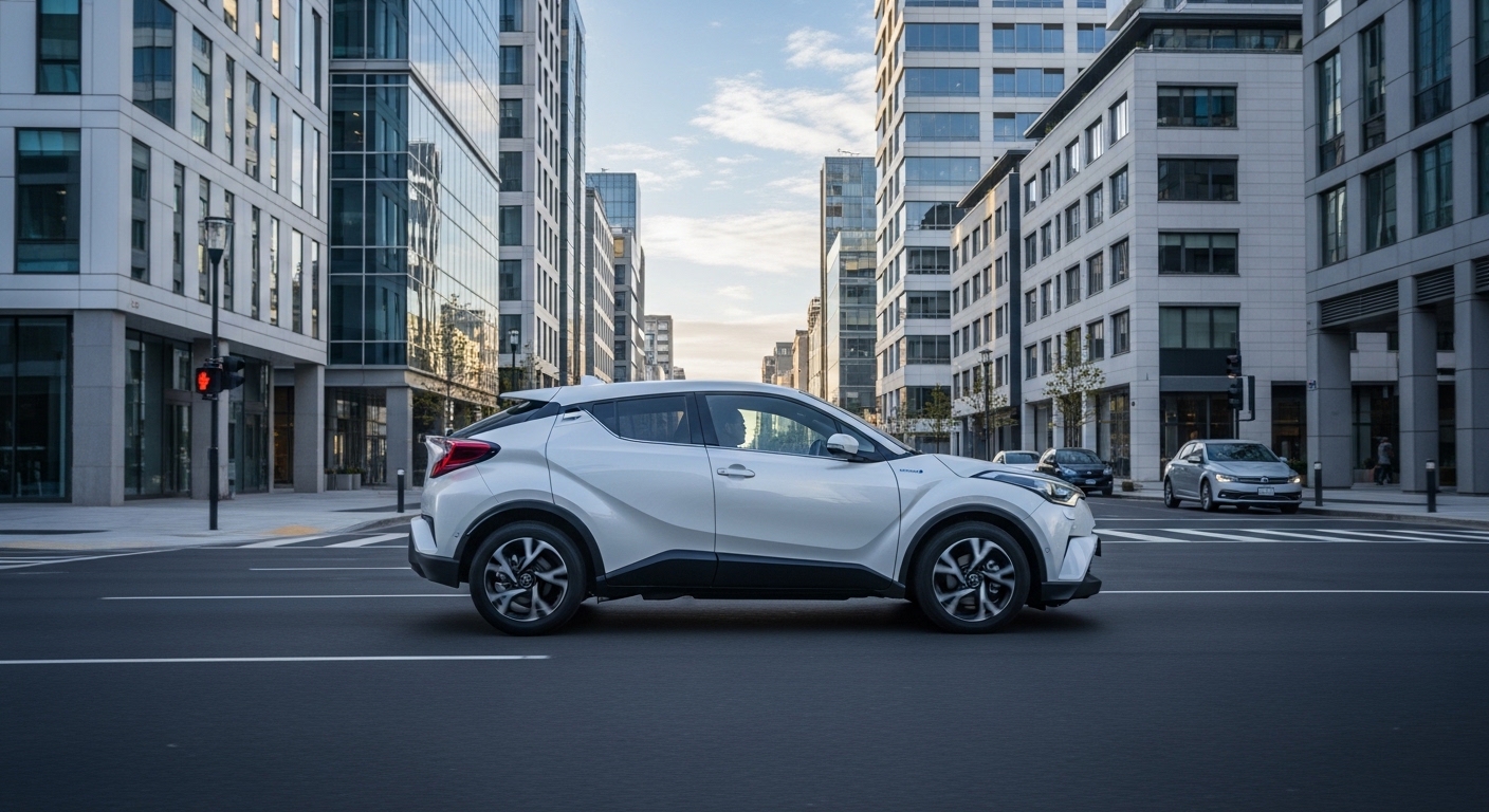 White Toyota C-HR driving on a wide city street between modern office buildings
