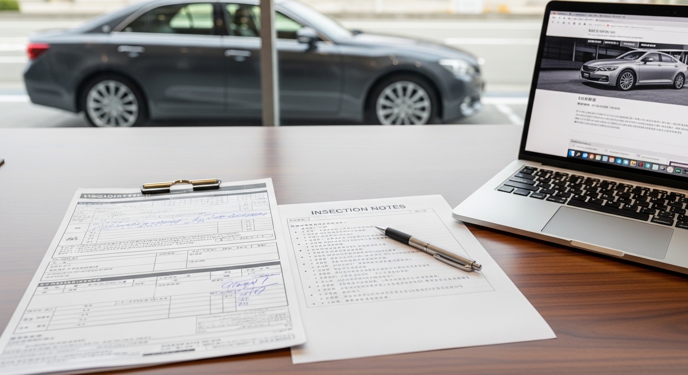 Japanese-language vehicle forms and inspection notes on a desk beside a laptop, with a sedan outside