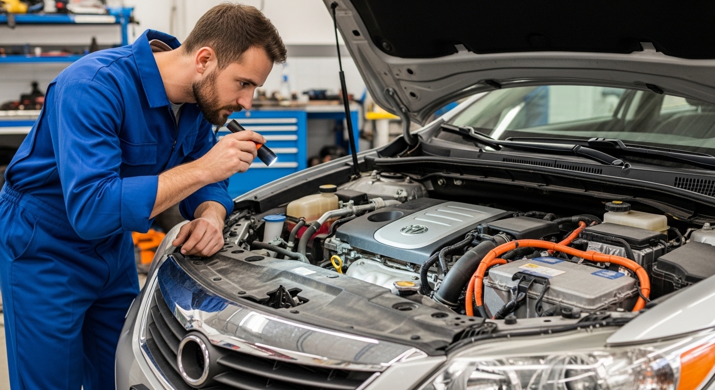 Mechanic in blue coveralls inspecting an open car engine bay with a flashlight in a garage