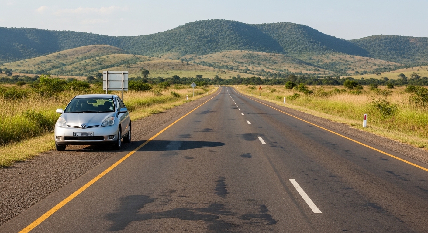 Silver hybrid car parked on the shoulder of a two-lane highway with grassy hills in the background
